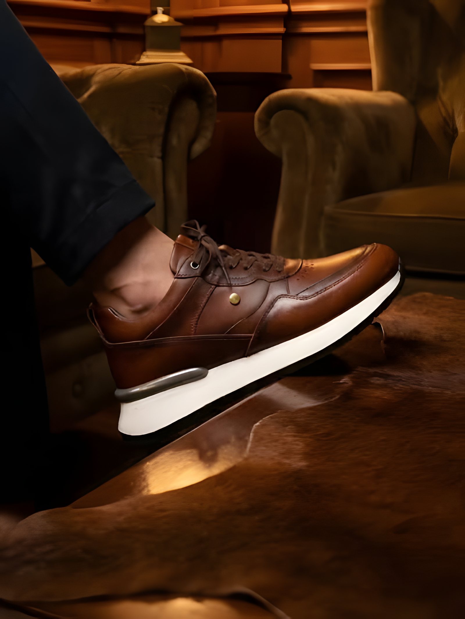 Zapatilla de cuero cognac con suela blanca